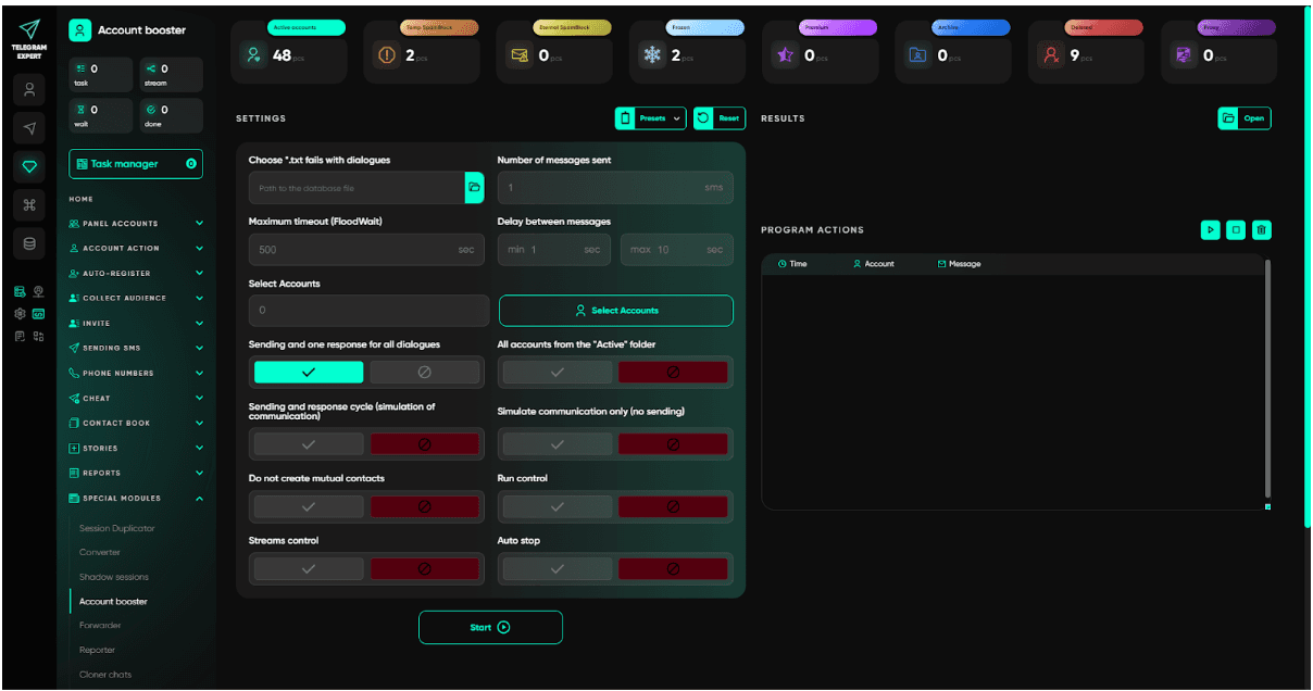 Telegram Expert Модуль Account Booster — настройки для симуляции взаимной переписки, задержка между сообщениями, выбор аккаунтов, цикл отправки и ответа, управление потоками