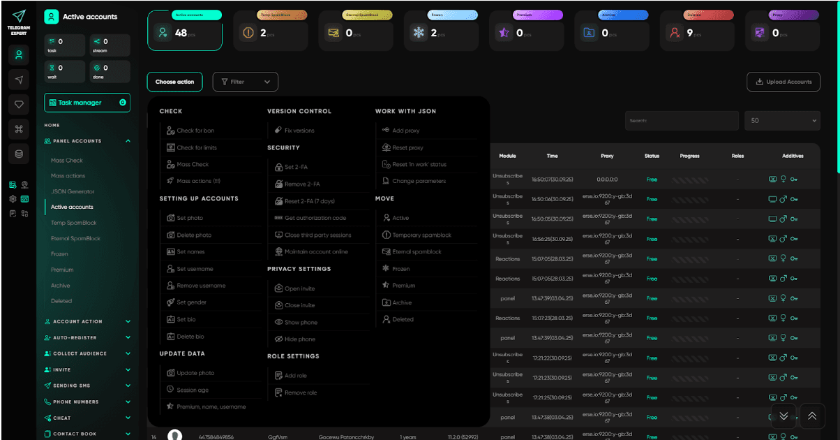 Telegram Expert Панель активных аккаунтов — меню массовых действий с установкой фото, имён, BIO, 2FA, удалением 2FA, настройками приватности и управлением статусами аккаунтов