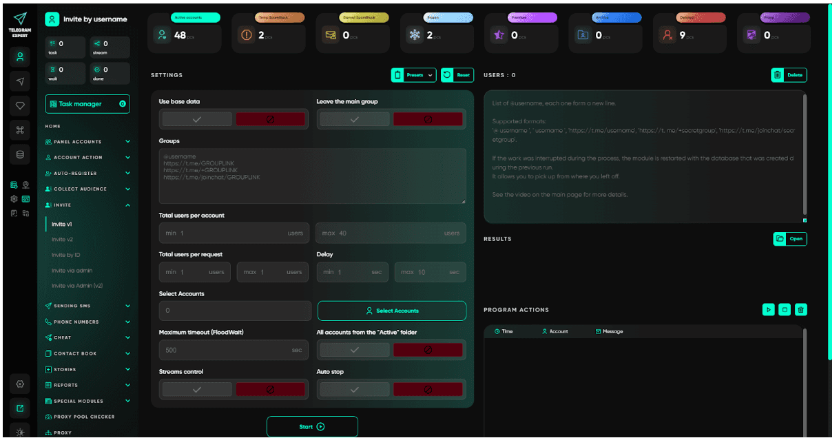 Telegram Expert Модуль Invite V1 — ввод групп, всего пользователей на аккаунт, всего пользователей на запрос, настройки задержки, выбор аккаунтов, управление потоками и автостоп