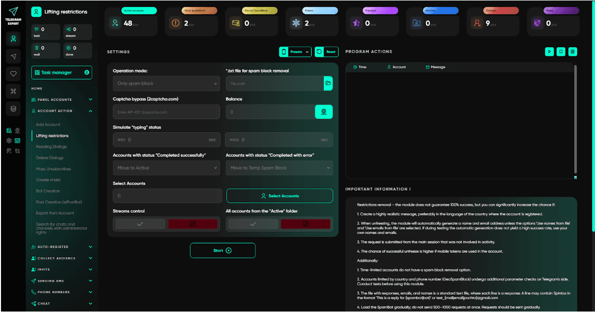 Telegram Expert Модуль снятия ограничений — режим работы, обход капчи через 2captcha, симуляция статуса набора, выбор аккаунтов, управление потоками и советы по удалению SpamBot