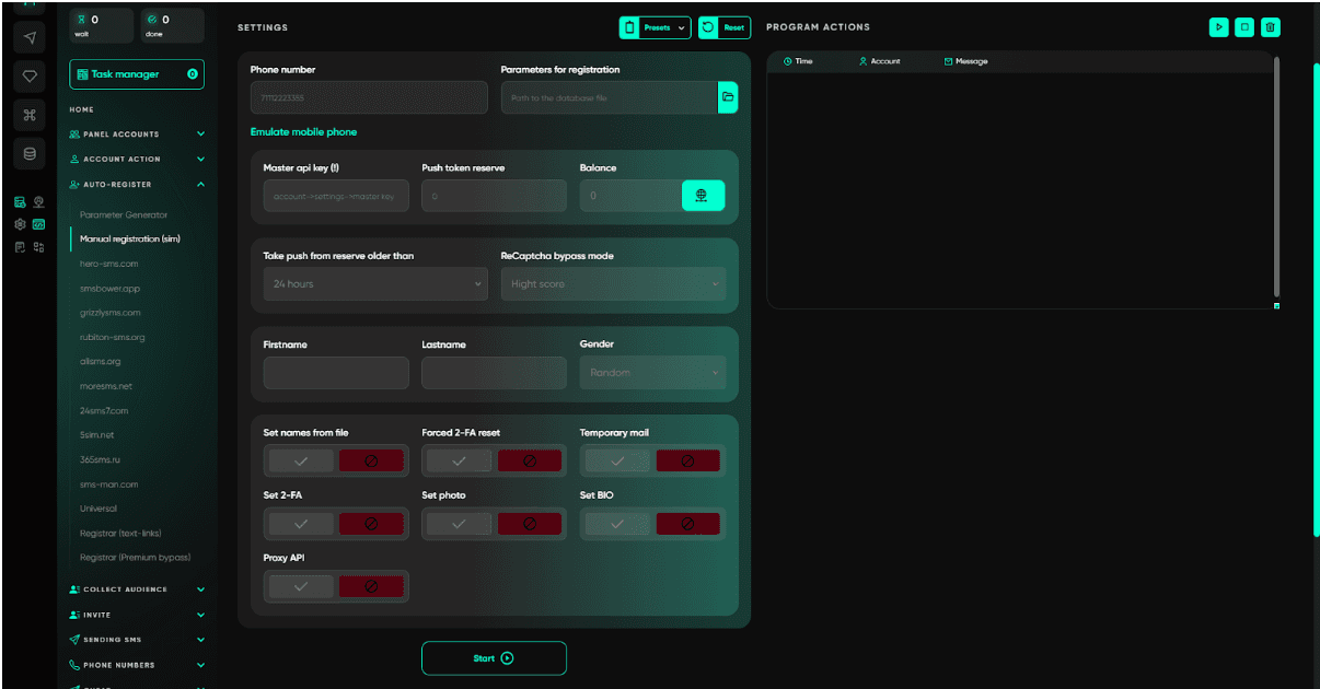 Telegram Expert Модуль ручной регистрации (SIM) — ввод номера телефона, эмуляция мобильного телефона, установка 2FA, фото, BIO, настройка прокси и API
