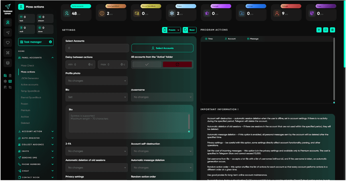 Telegram Expert Модуль массовых действий — задержка между действиями, фото профиля, BIO, имя пользователя, 2FA, самоуничтожение аккаунта, автоудаление сессий и настройки случайного порядка действий