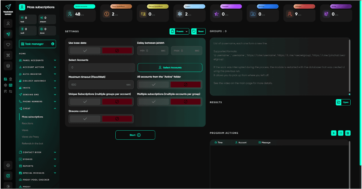 Telegram Expert Модуль массовых подписок — настройки задержки между вступлениями, выбор аккаунтов, уникальные подписки на аккаунт, несколько подписок на группу, управление потоками