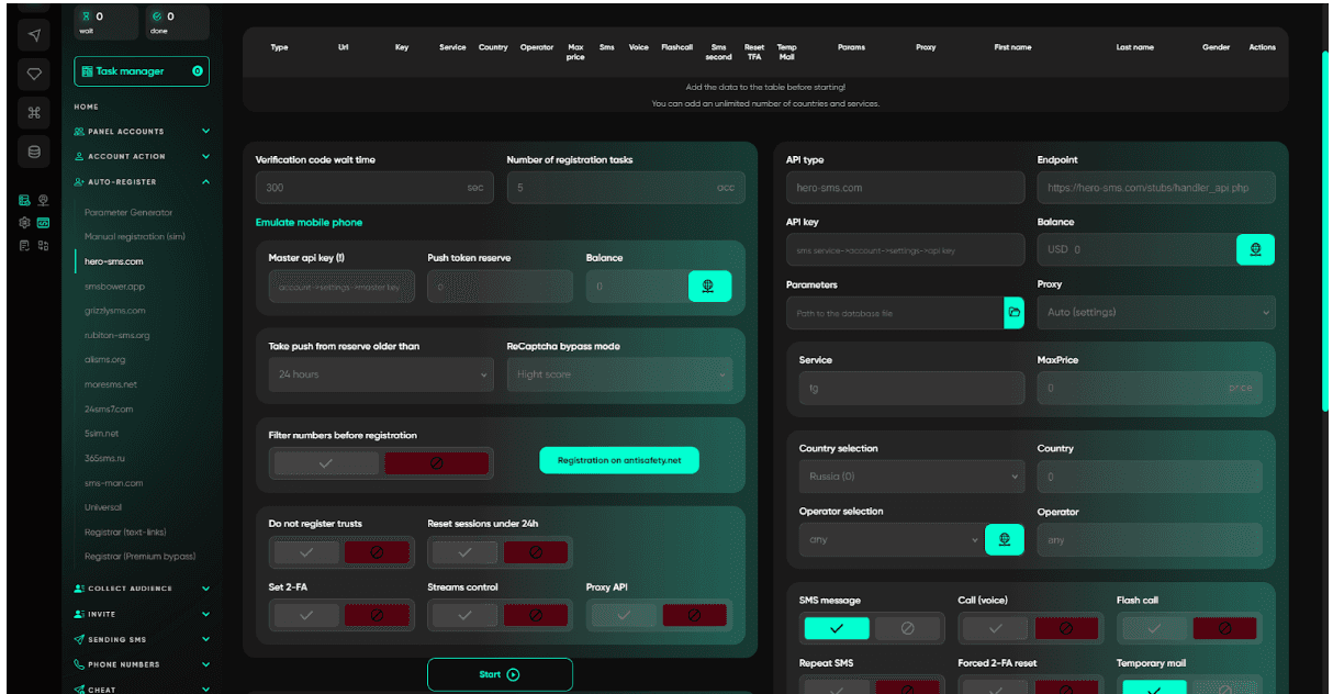 Telegram Expert Модуль регистрации через SMS — список провайдеров SMS-сервисов, время ожидания кода, эмуляция мобильного телефона, выбор страны и оператора, настройка API