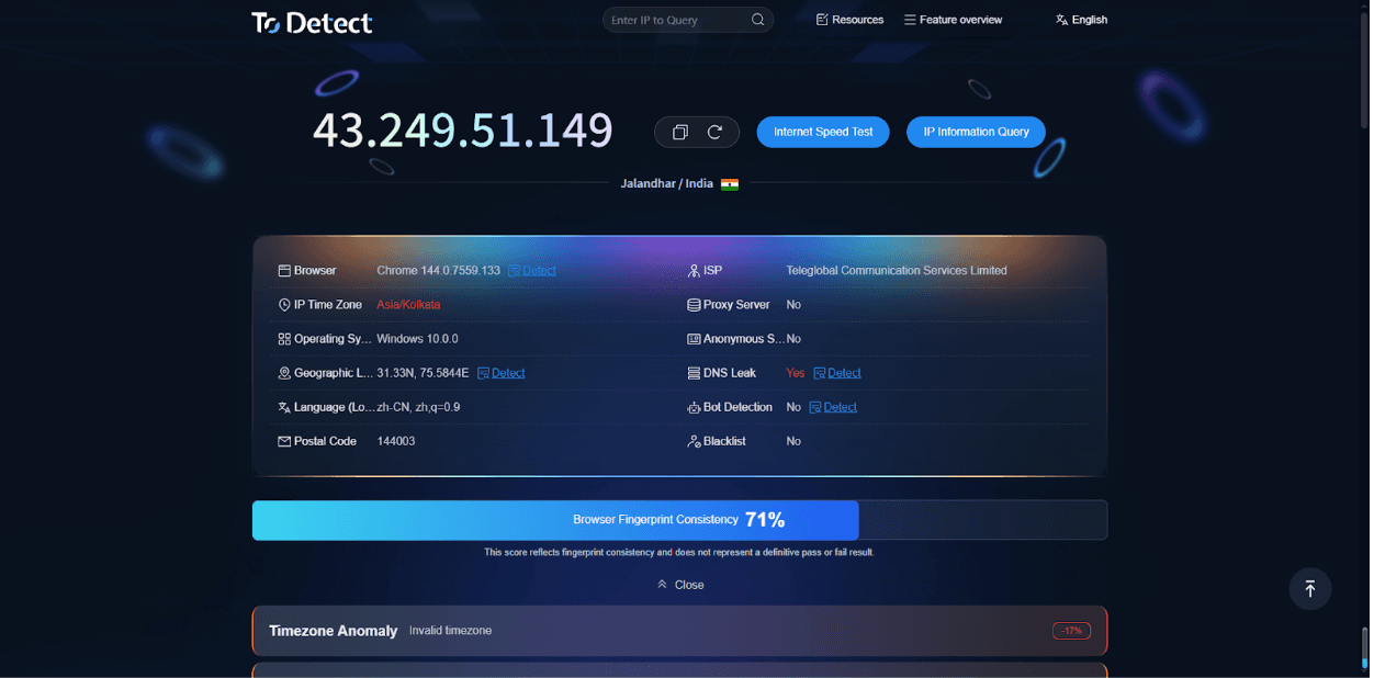 ToDetect dashboard showing browser fingerprint consistency score, IP details, DNS leak status, and timezone anomaly detection