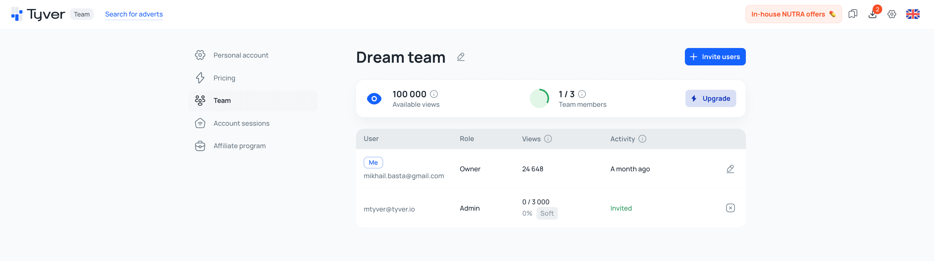 Tyver Team Management - Dream team interface with user roles and collaboration tools