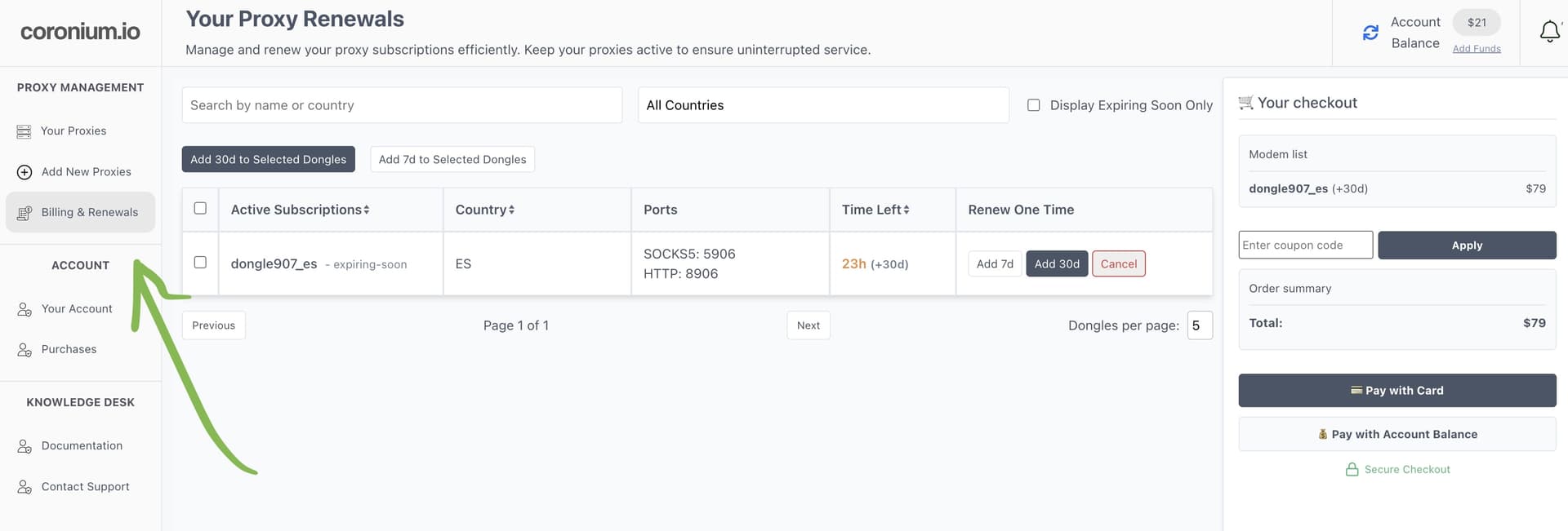代理续订页面，显示活跃订阅和续订选项