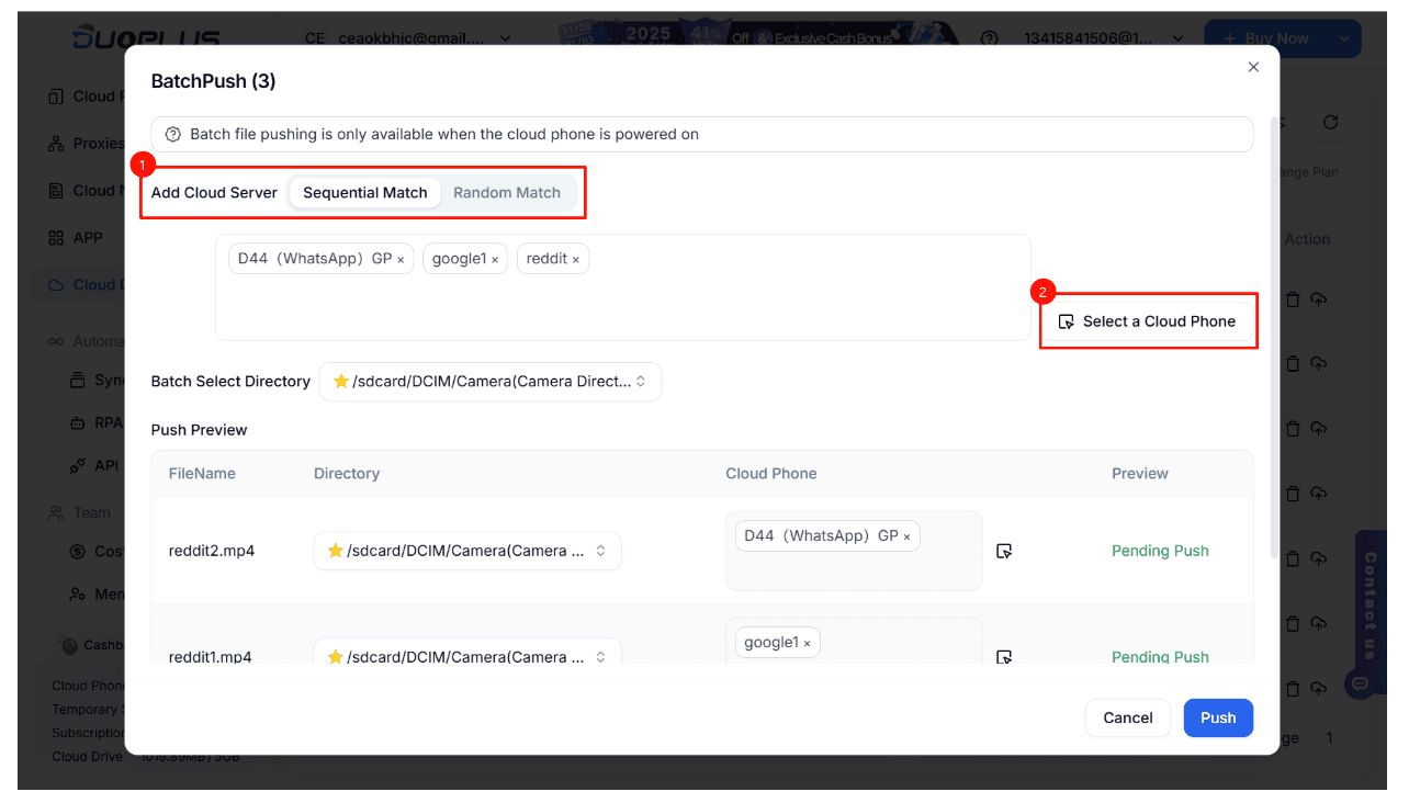 DuoPlus BatchPush dialog showing Add Cloud Server / Sequential Match / Random Match modes with target cloud phones D44, google1, reddit selected and a Push Preview list of reddit1.mp4 and reddit2.mp4 pending push