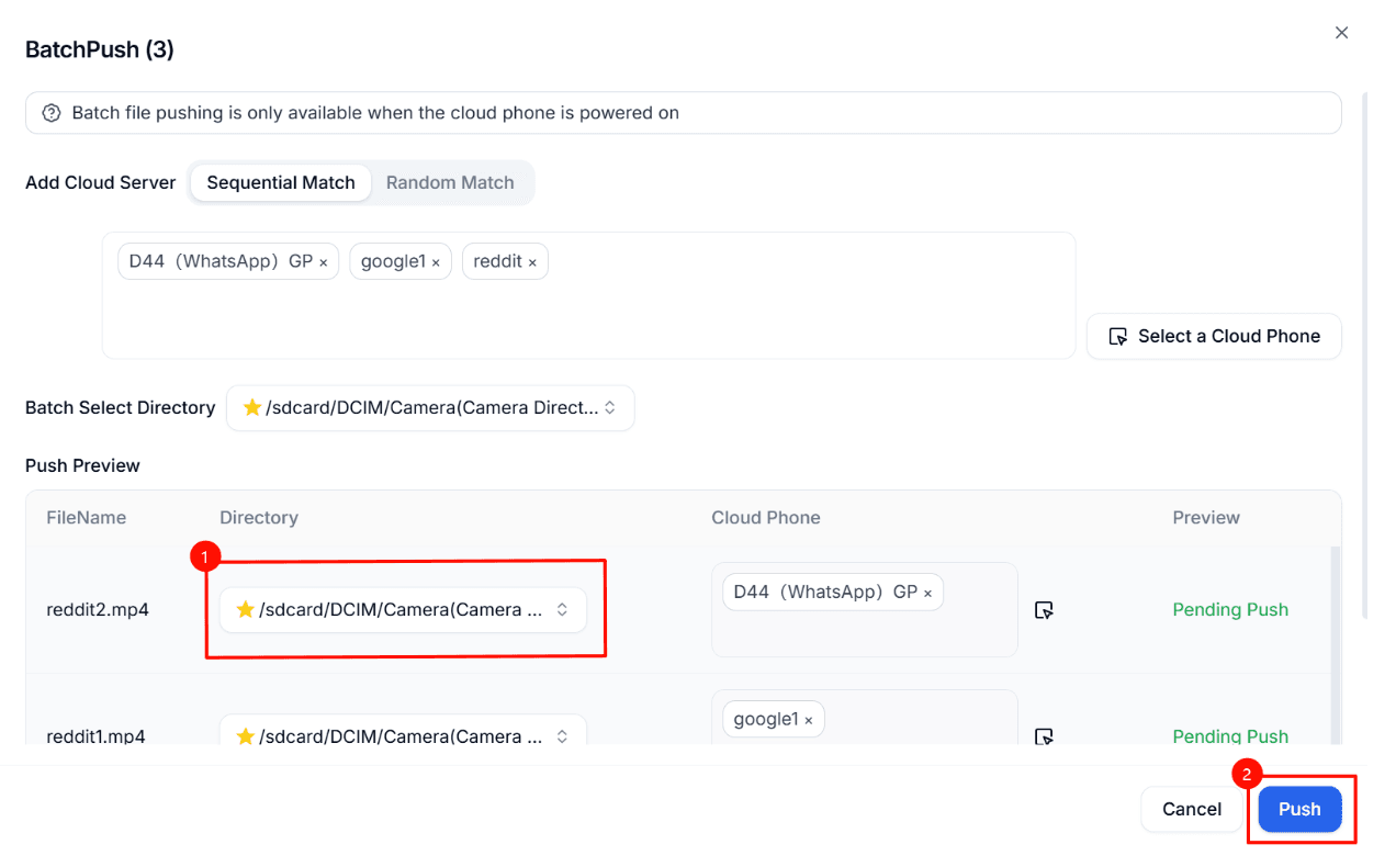 DuoPlus BatchPush confirmation screen with the per-file directory destination highlighted, push preview rows for reddit2.mp4 and reddit1.mp4 marked Pending Push, and the Push button highlighted