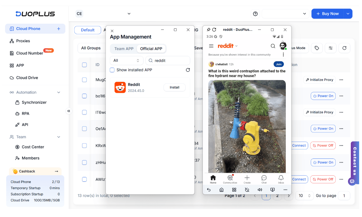 DuoPlus Cloud Phone interface with App Management showing Reddit available to install across cloud phone instances