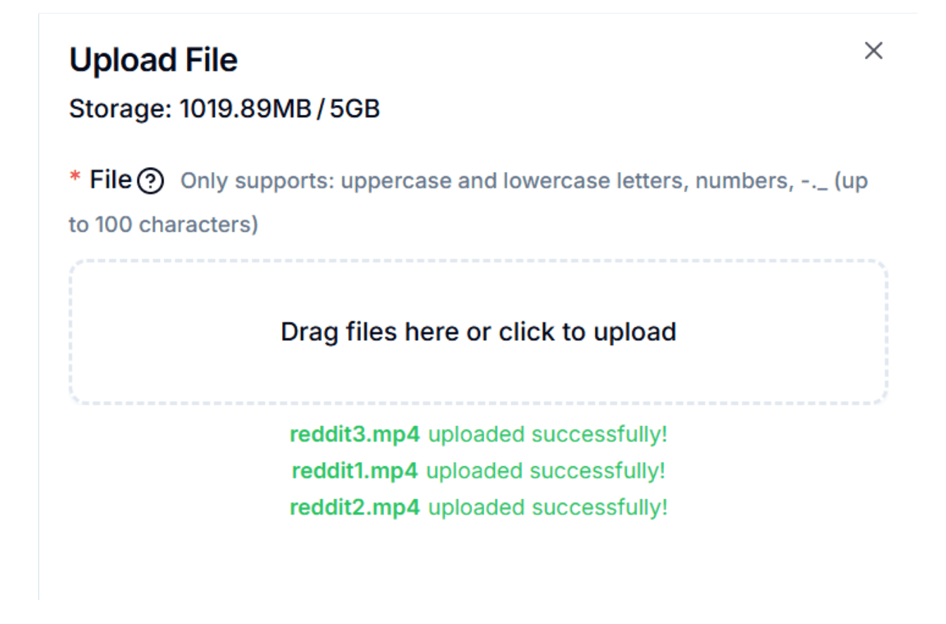 DuoPlus Cloud Drive Upload File dialog with a drag-and-drop zone showing reddit1.mp4, reddit2.mp4 and reddit3.mp4 uploaded successfully