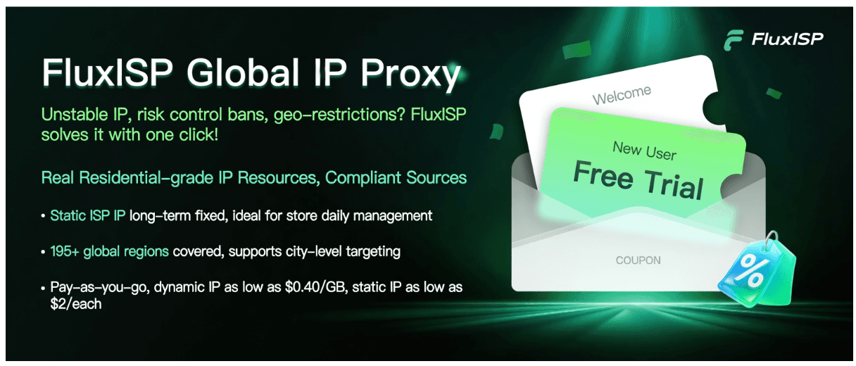 Fluxisp Global IP Proxy — real residential-grade IPs, 195+ global regions, dynamic IPs from $0.40/GB, static IPs from $2 each, free trial for new users