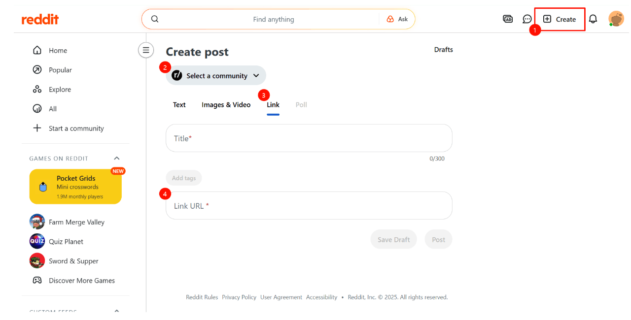 Reddit Create Post UI with the Link tab selected, showing the Title field and Link URL input