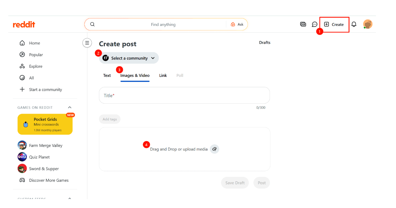 Reddit Create Post UI showing the Create button, Select a community, Images & Video tab, and Drag and Drop media upload area